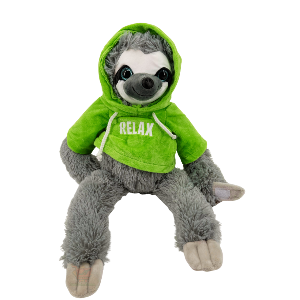 Graues Faultier Plüschtier mit grünem Hoodie und Aufdruck „RELAX“, ca. 30 cm sitzend (ca. 52 cm stehend)